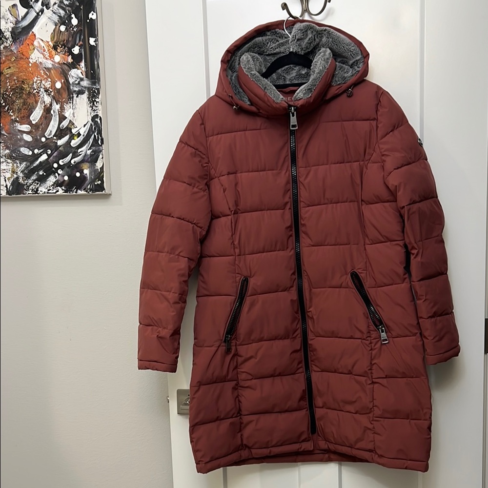 Zip Up Puffer Jacket Fuzzy Hood Andrew Marc